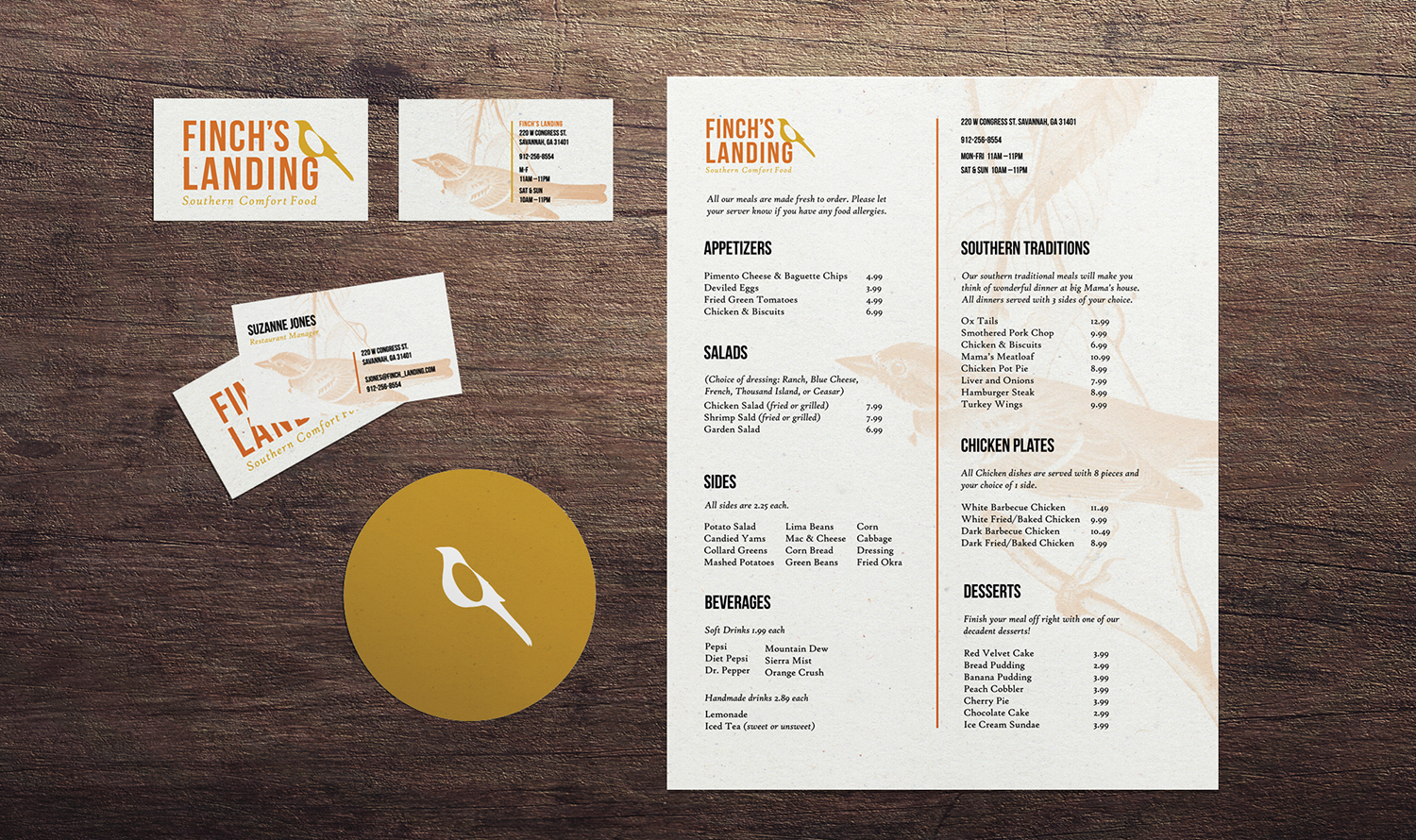 Finch's Landing Menu and business cards