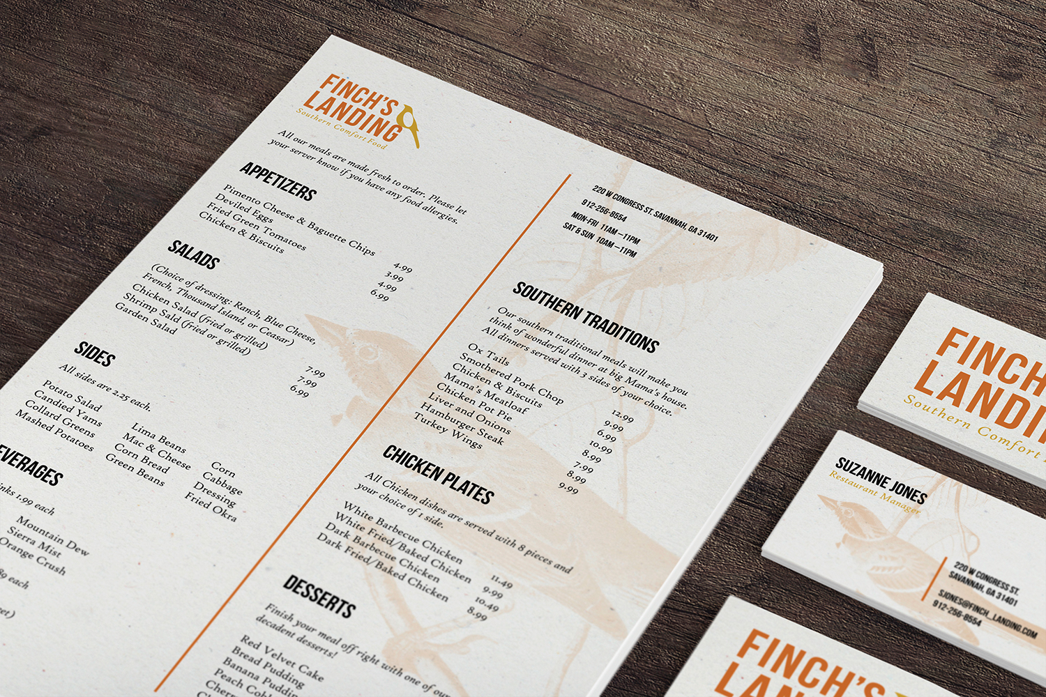 Finch's Landing Menu and business cards diagonal angle