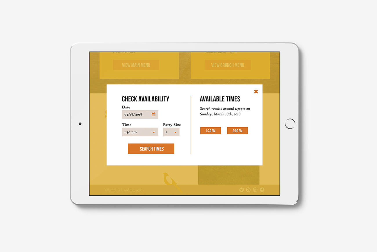 Finch's Landing website ipad view reservations modal window