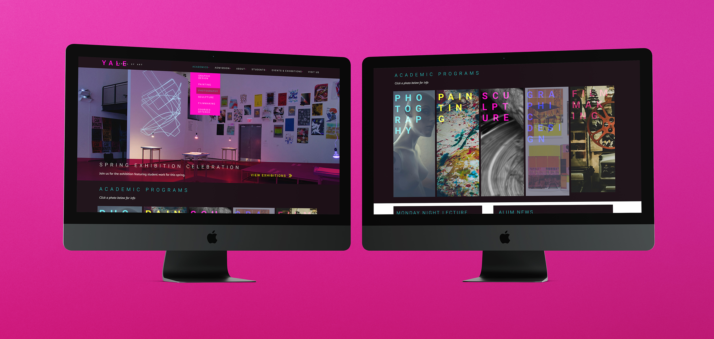 two computer screens showing the art school homepage